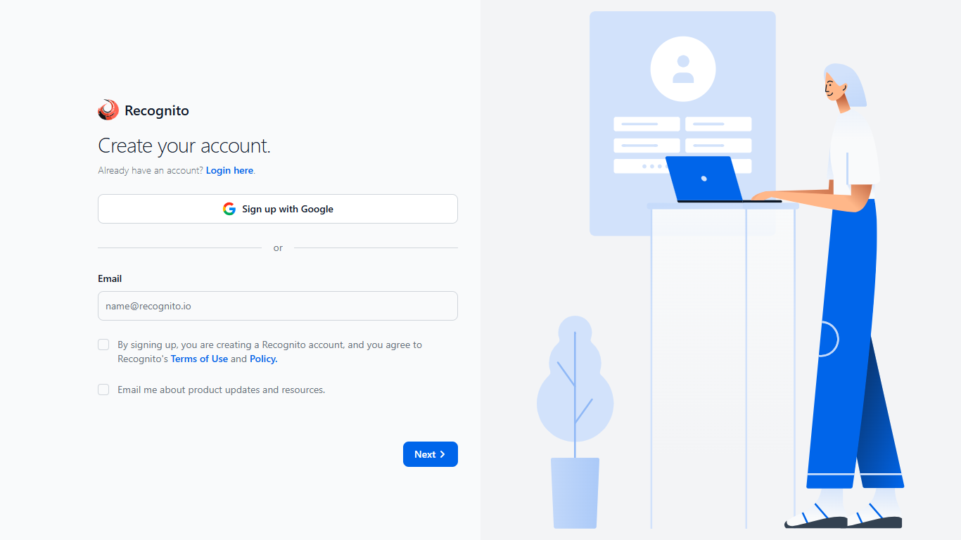 Create your account screen with email field, terms checkbox, and Next button