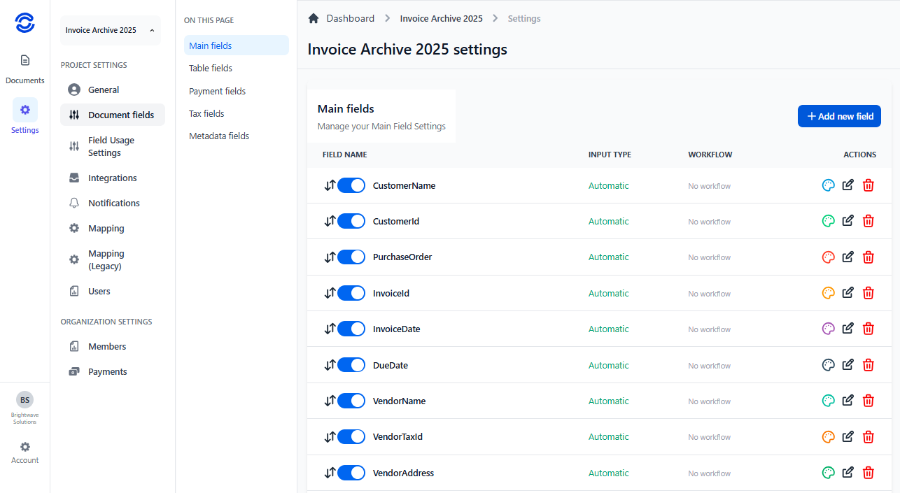 Document Fields page showing grouped sections for main, table, payment, tax and metadata with add field buttons.