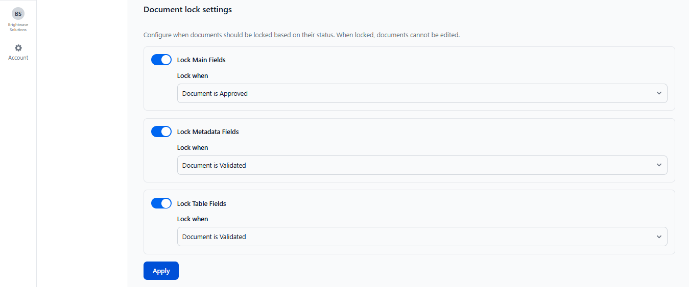 Document Lock Settings UI showing toggles for Main, Metadata, and Table fields with status trigger dropdowns and an Apply button.