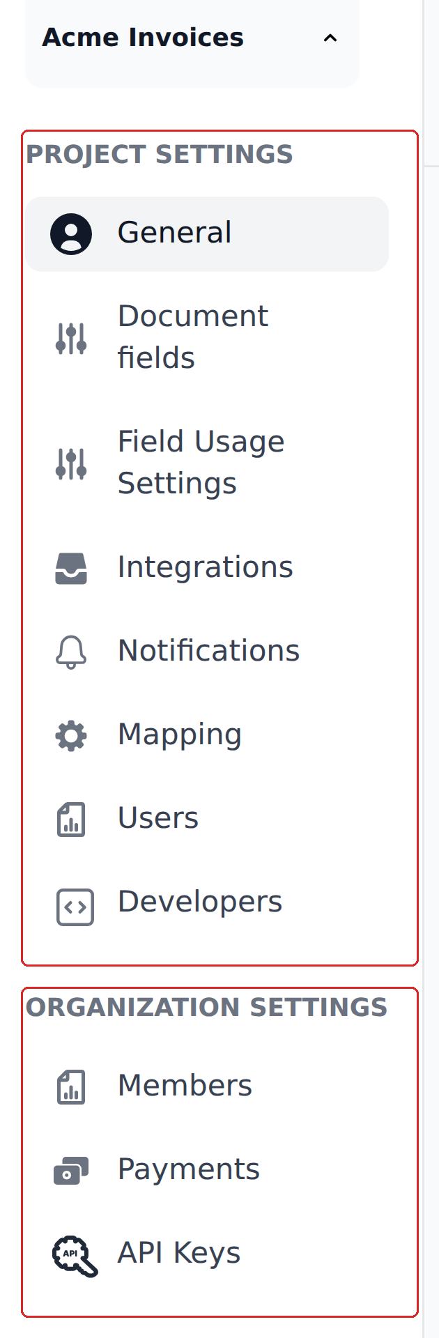 The settings menu, with the eight project settings boxed above the three organization settings