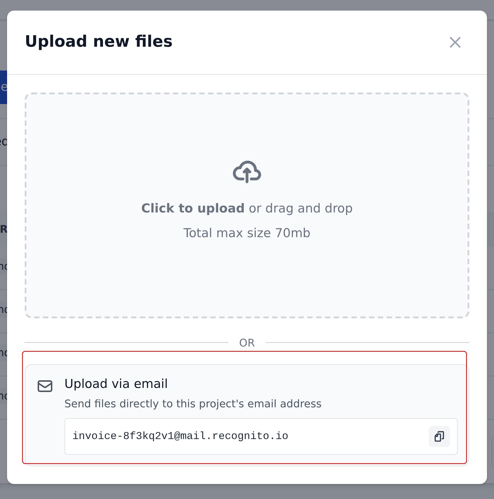 The Upload new files dialog with the drag-and-drop area above and the project's own email address outlined below
