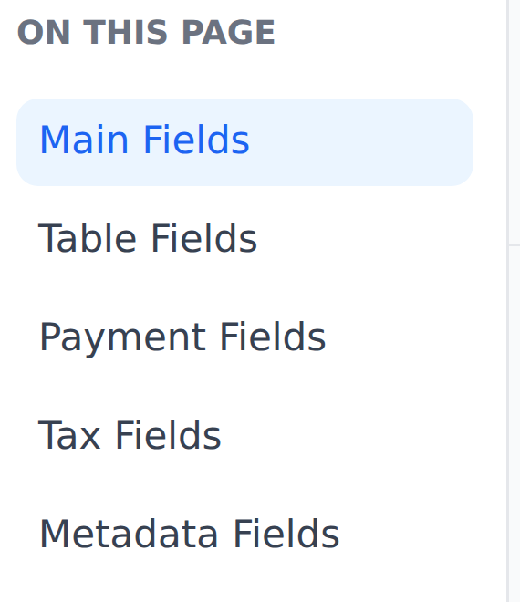 The Document fields page navigation listing Main Fields, Table Fields, Payment Fields, Tax Fields and Metadata Fields