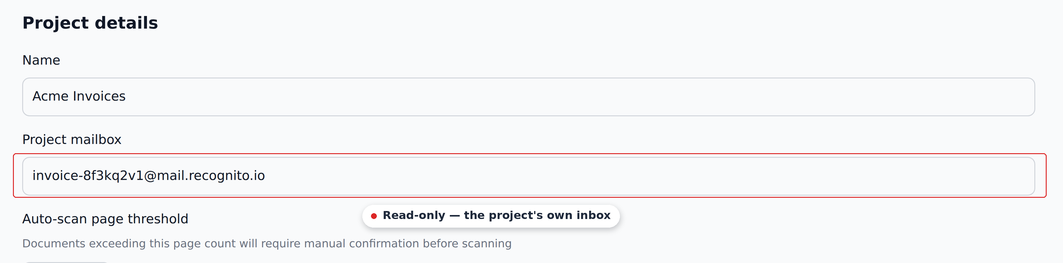 The Project details section of General settings, with the project mailbox field outlined and marked read-only