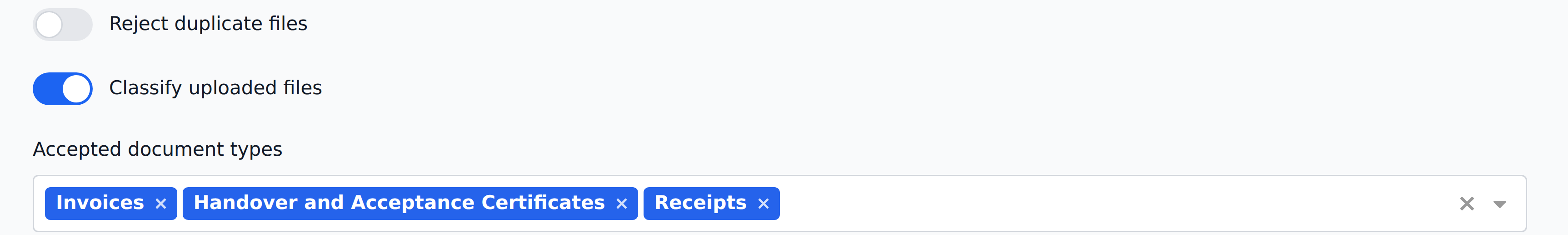 The Accepted document types field listing Invoices, Handover and Acceptance Certificates and Receipts, above the duplicate and classify toggles