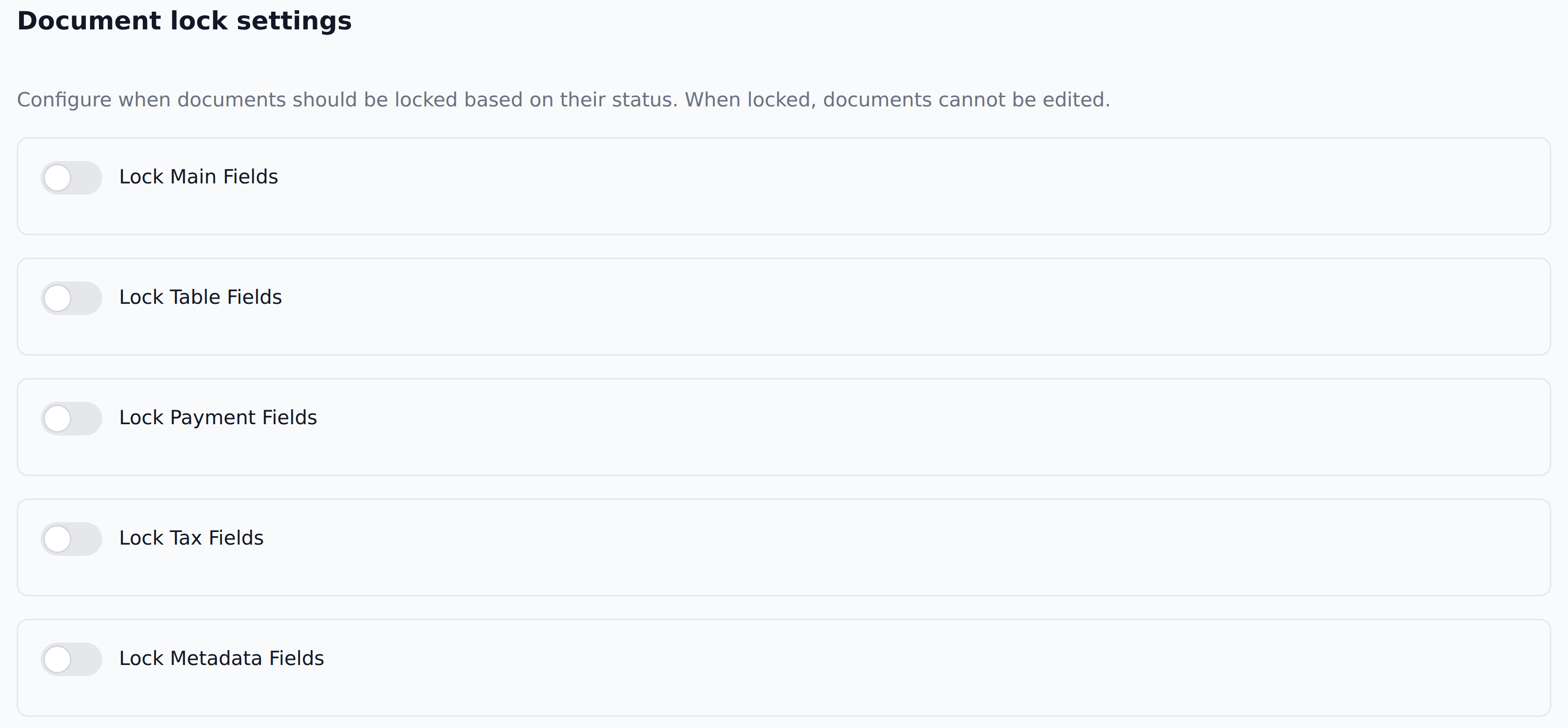 The Document lock settings section with toggles for Lock Main Fields, Lock Table Fields, Lock Payment Fields, Lock Tax Fields and Lock Metadata Fields