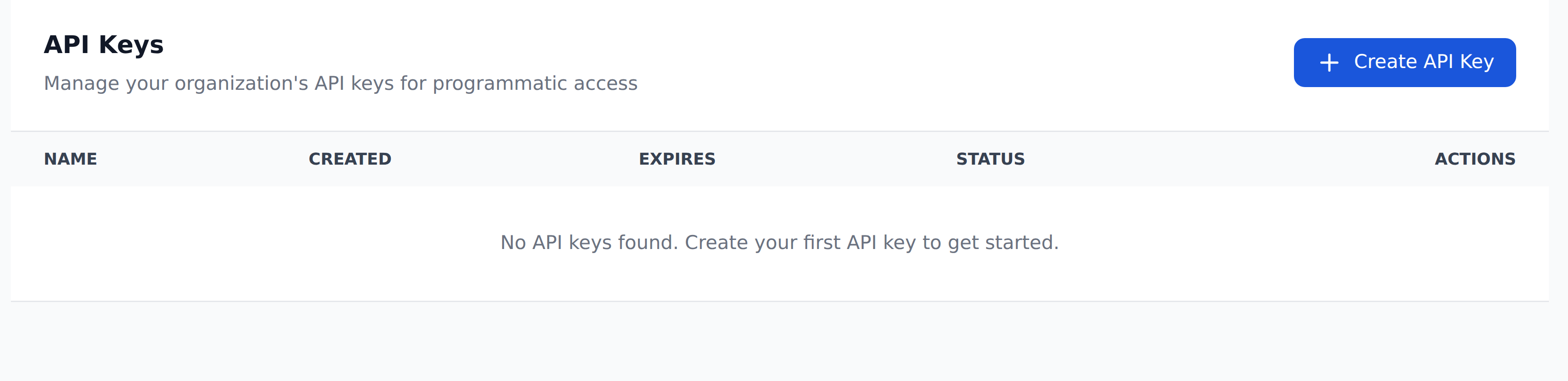 The organization API Keys page with columns for name, created, expires, status and actions, empty except for the Create API Key button