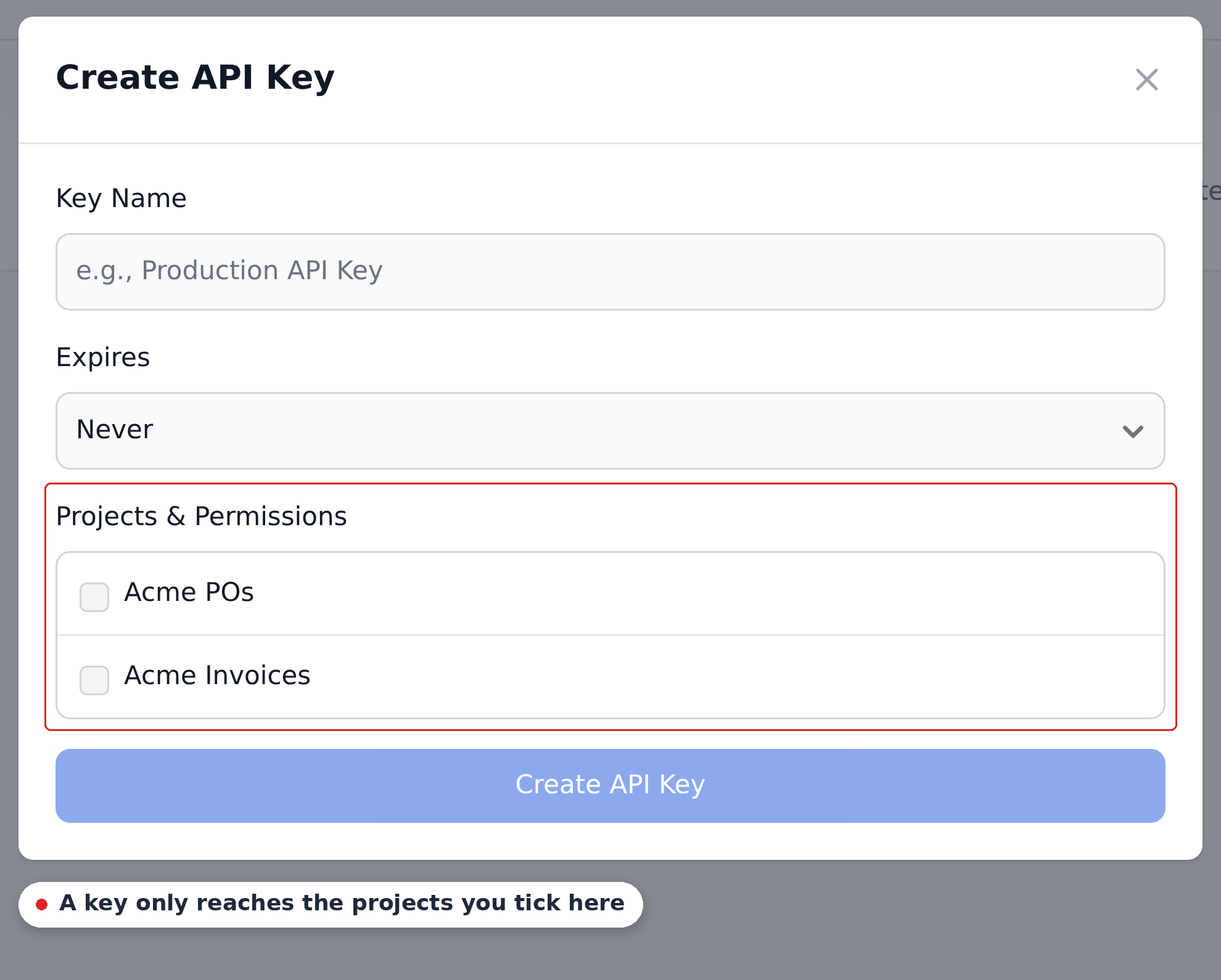 The Create API Key dialog with a name field, an expiry selector, and a per-project permissions list outlined