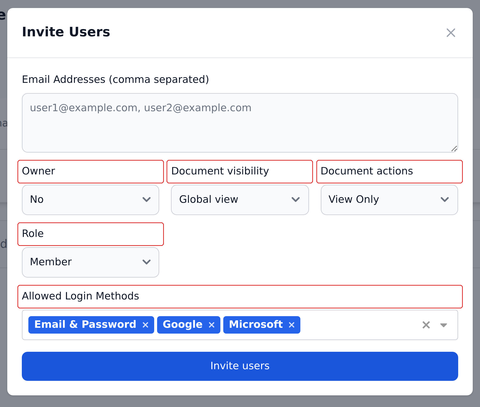 The Invite Users dialog, with Owner, Document visibility, Document actions, Role and Allowed Login Methods each outlined