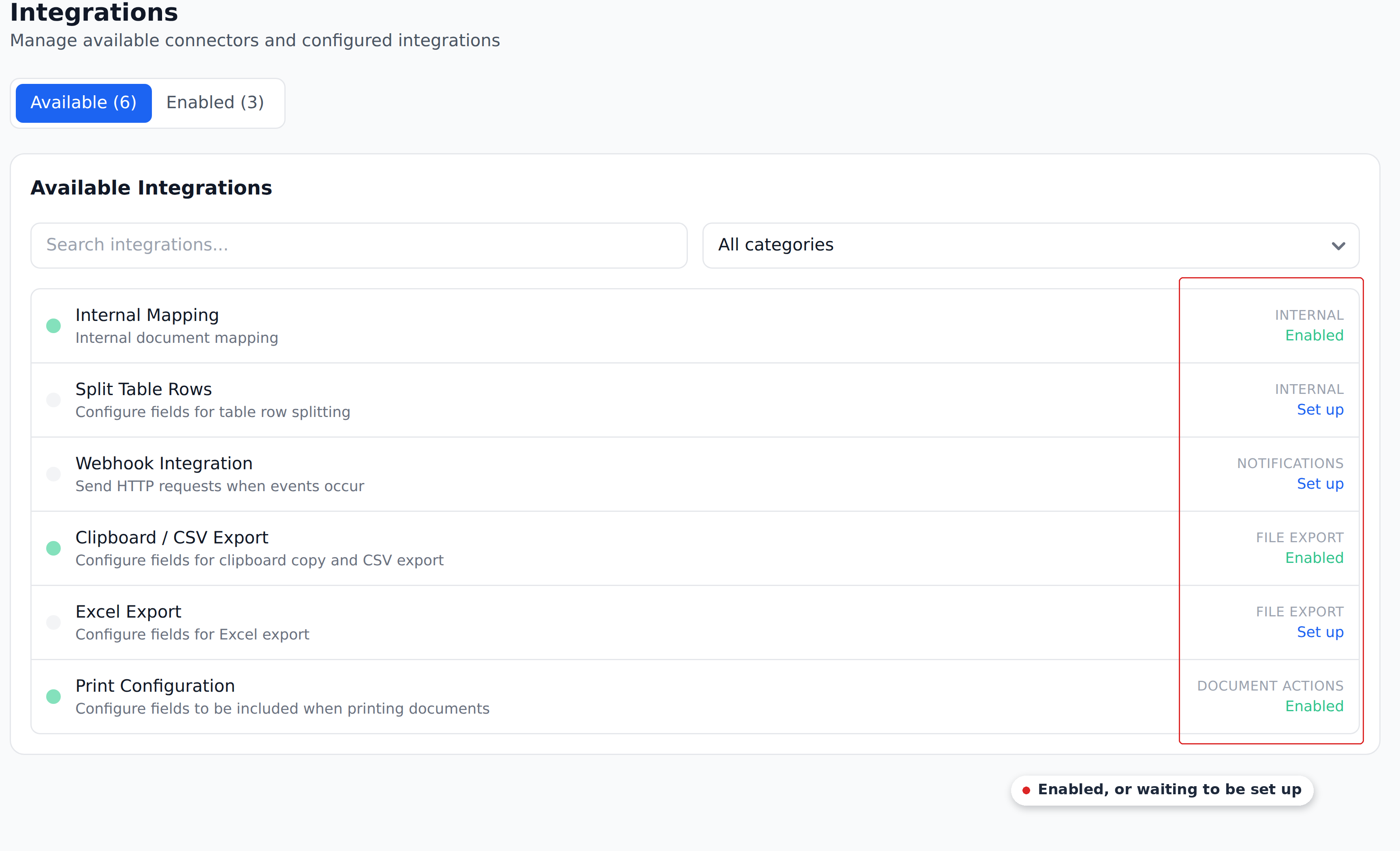 The Integrations page listing Internal Mapping, Split Table Rows, Webhook Integration, Clipboard / CSV Export, Excel Export and Print Configuration, with the Enabled and Set up states marked