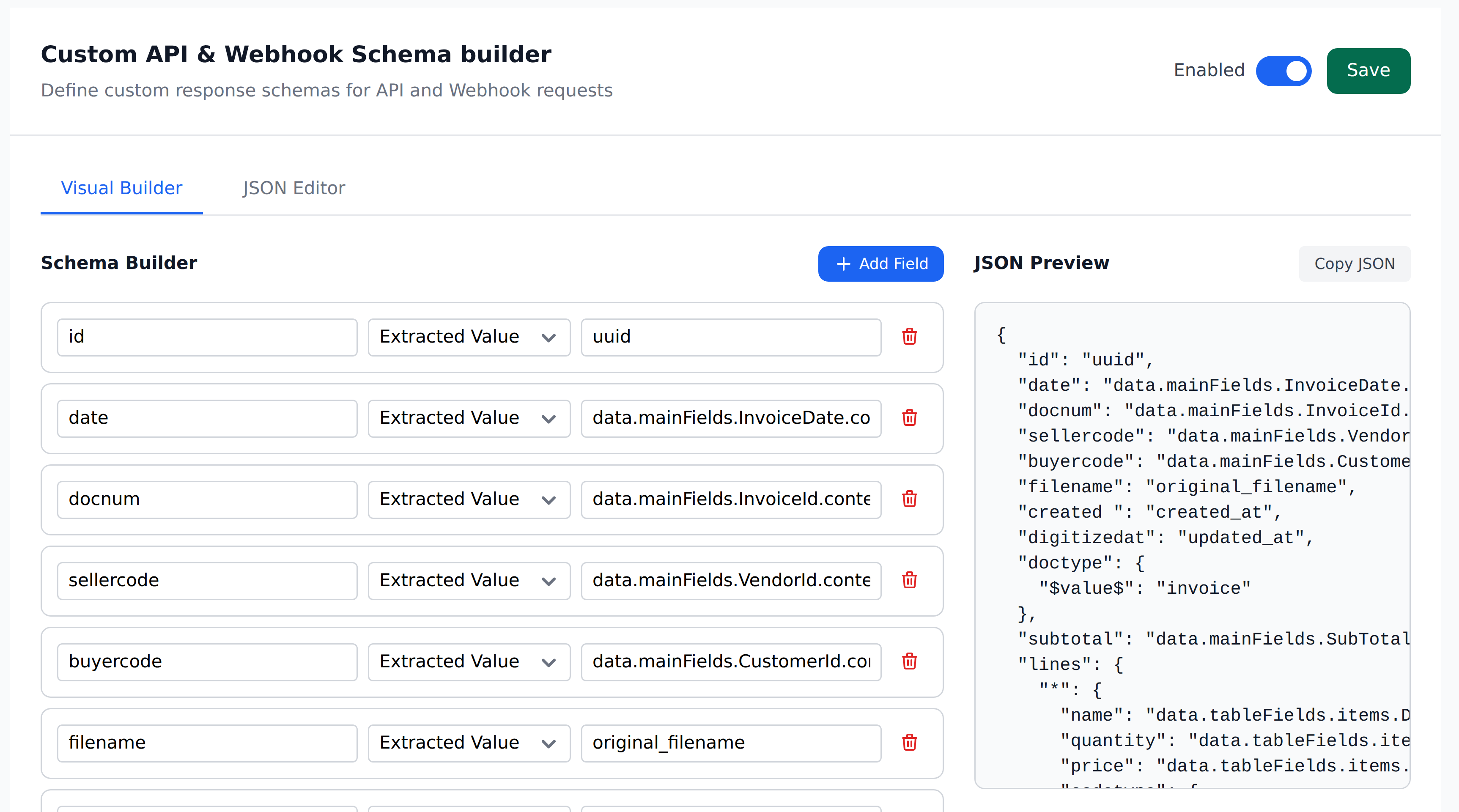 The Custom API and Webhook Schema builder with a Visual Builder tab open: each output key on the left paired with a source such as data.mainFields.InvoiceDate.content, and a live JSON Preview on the right