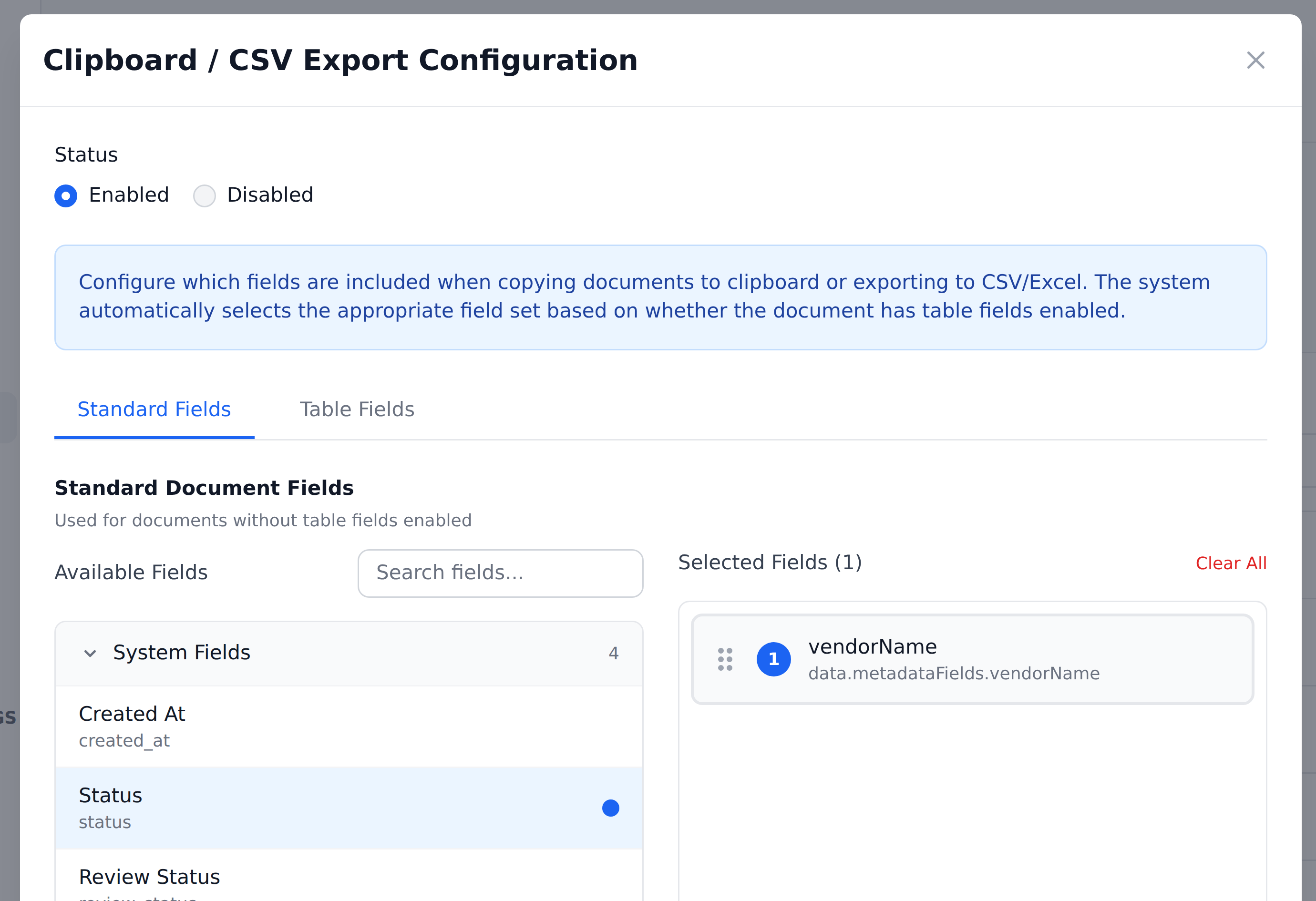 The Clipboard / CSV Export configuration, with an available-fields list on the left and an ordered selected-fields list on the right
