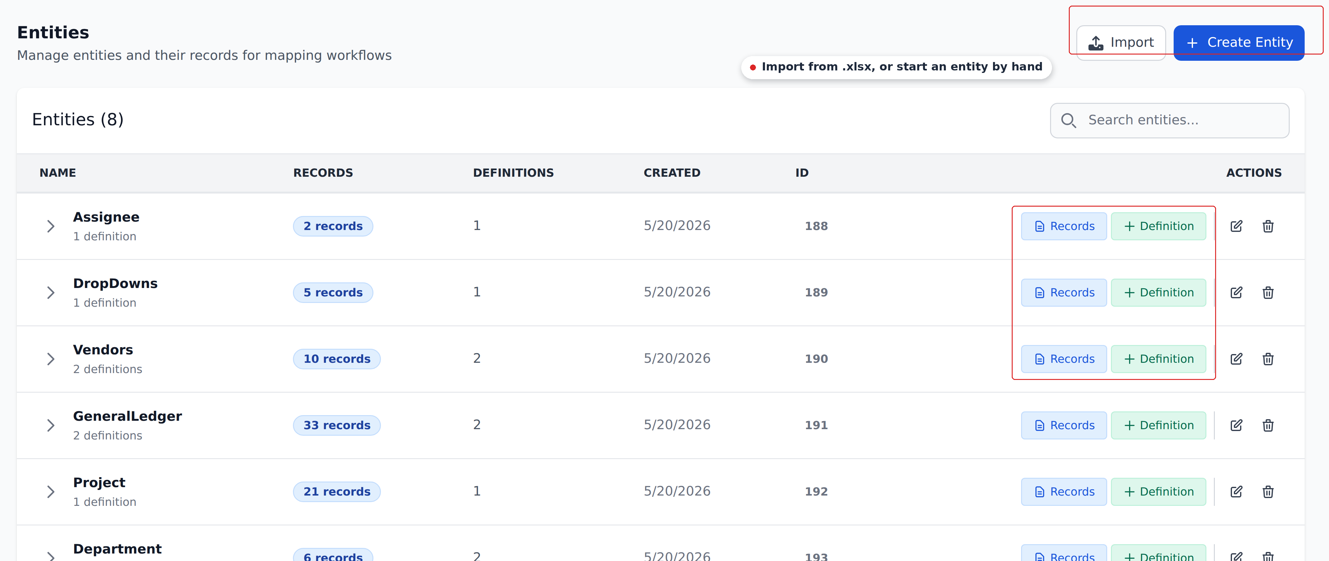 The Entities page listing eight entities with record counts and definition counts, with the Import and Create Entity buttons and the per-row Records and Definition buttons marked