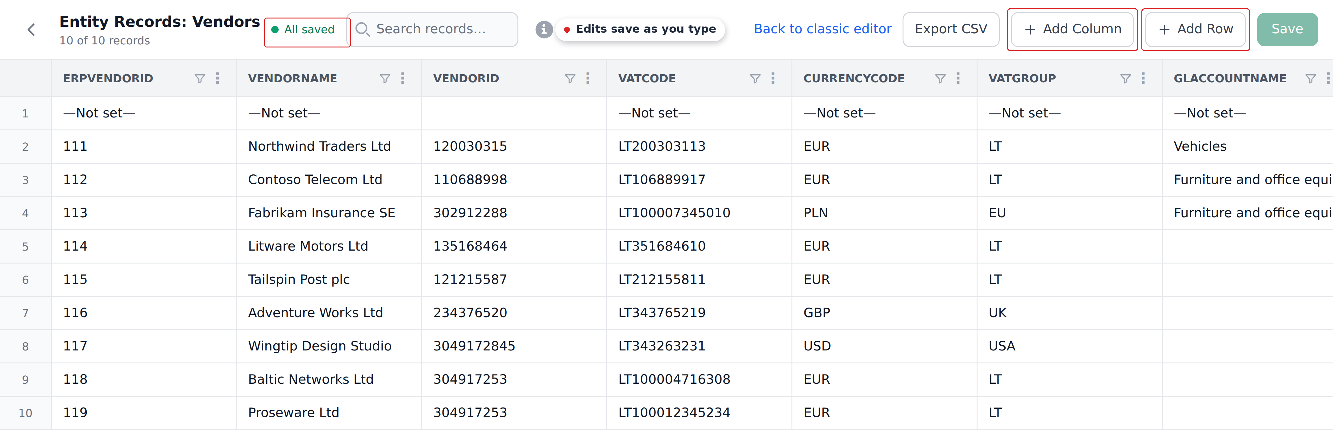 The Vendors entity records grid with the Add Column and Add Row buttons marked, and the All saved indicator beside the title