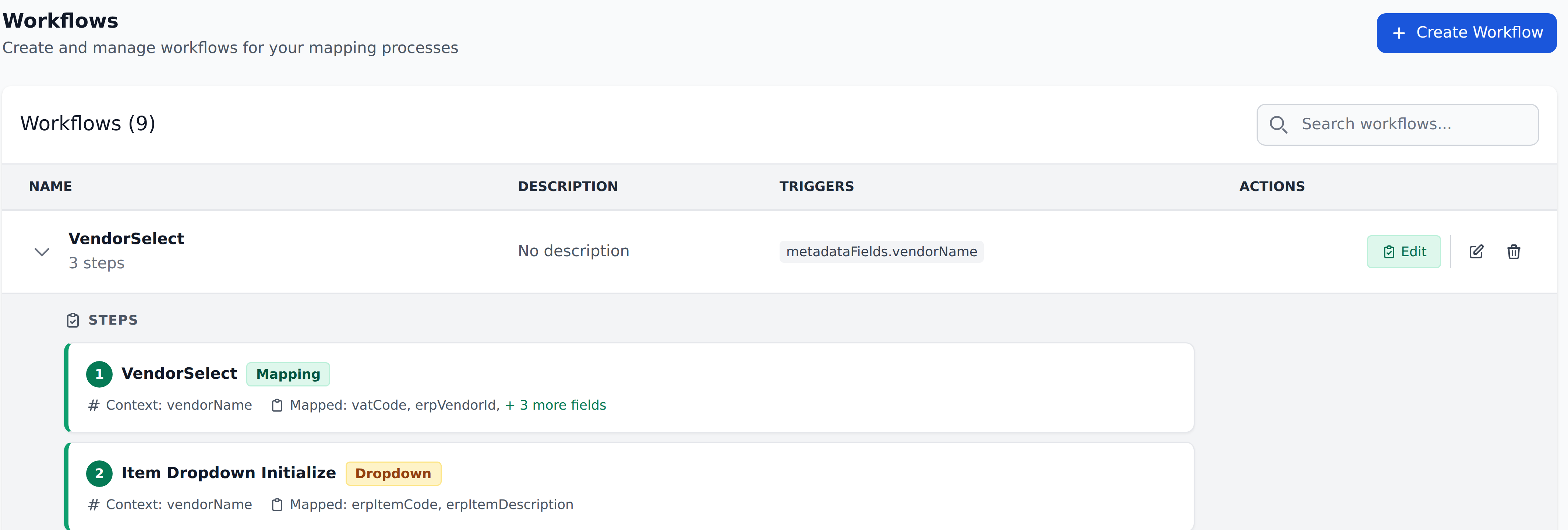 The workflow list showing several workflows, each with its own trigger field and step count