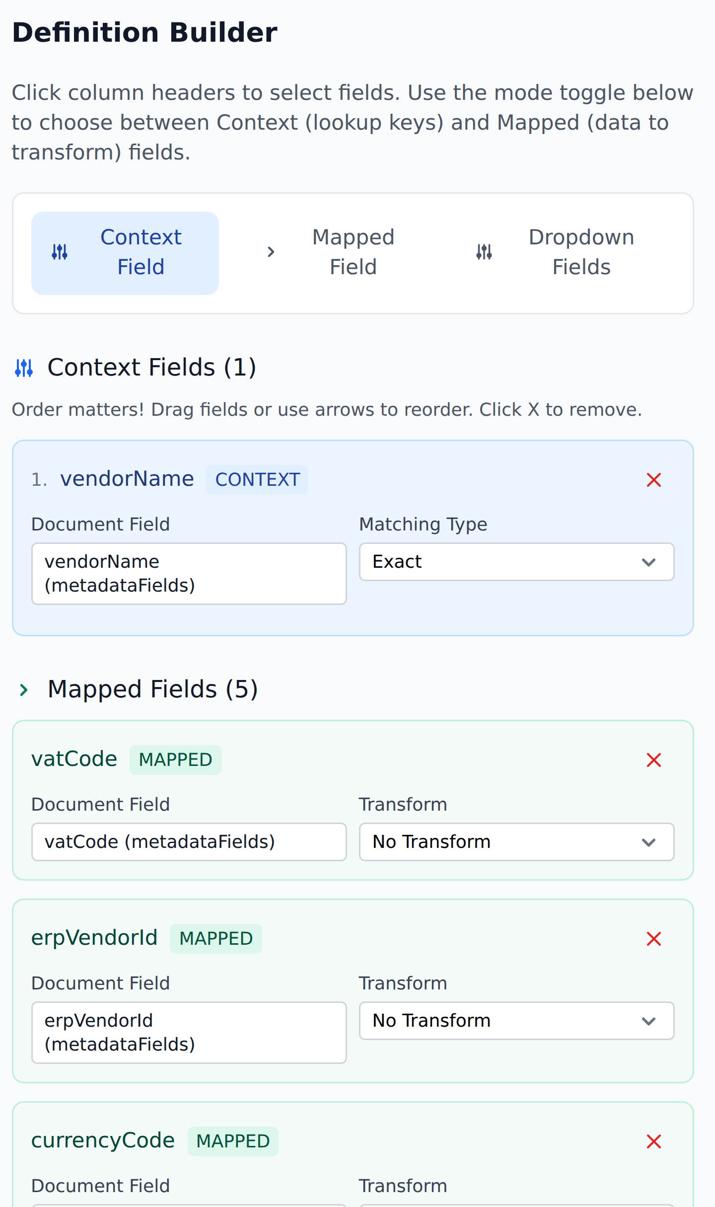 The Definition Builder pane showing a numbered context field with its Matching Type, above the mapped fields