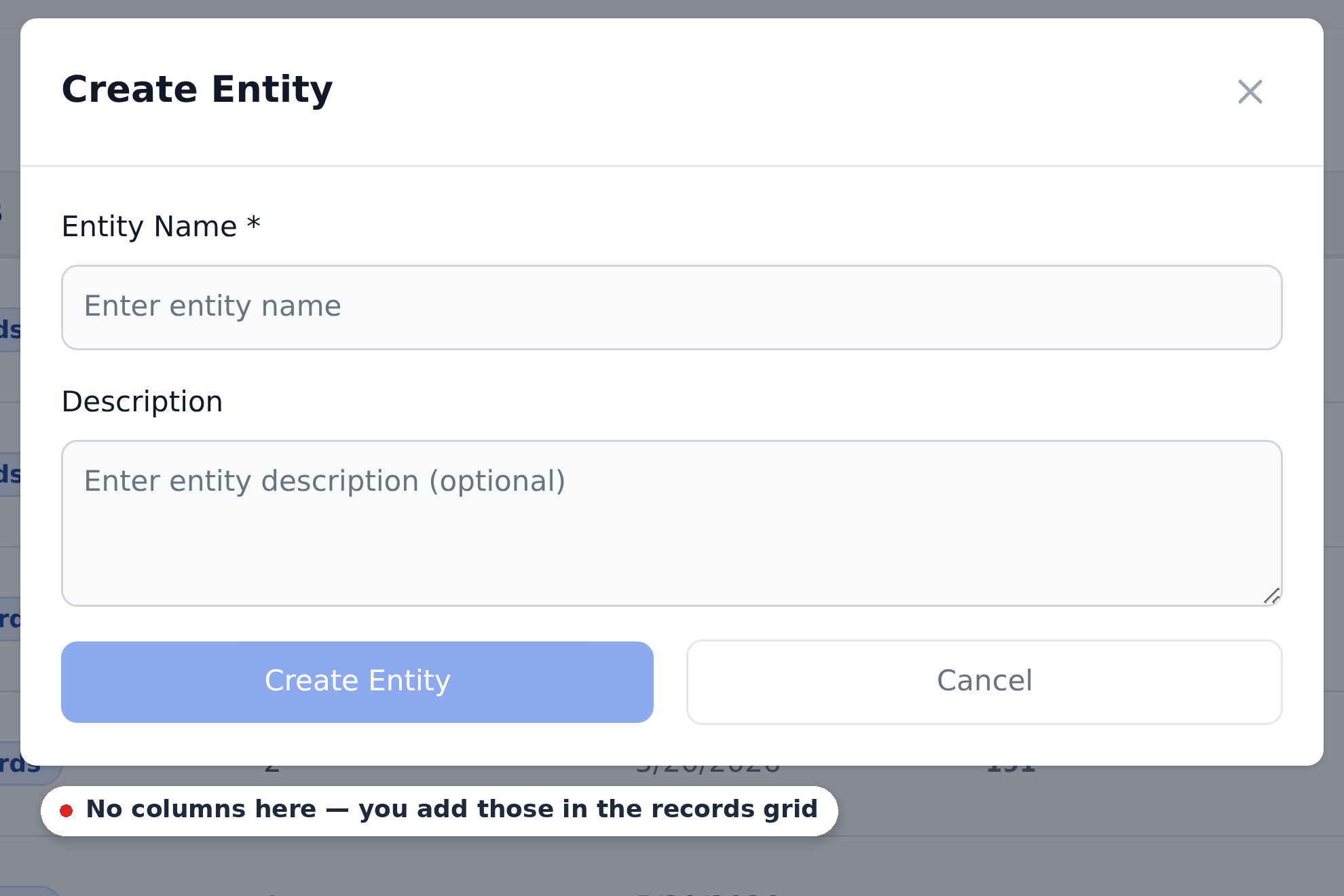 The Create Entity dialog with a required Entity Name and an optional Description; columns are added later in the records grid