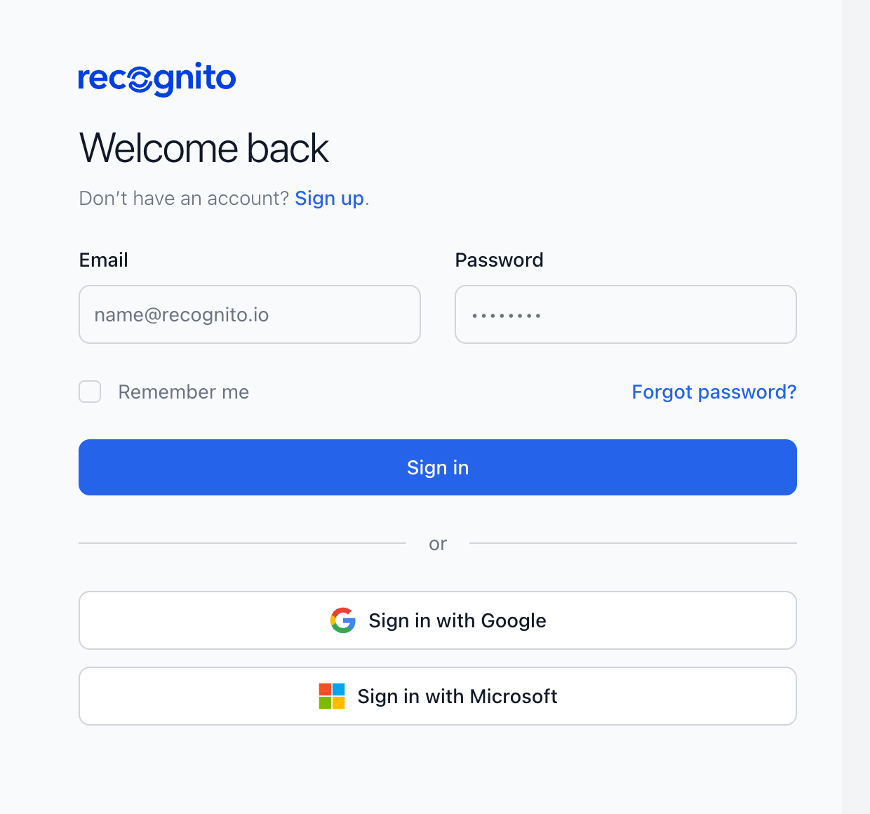 Recognito sign-in screen with email and password fields, a Sign in button, and a section below for Sign in with Google and Sign in with Microsoft, highlighted with a red box