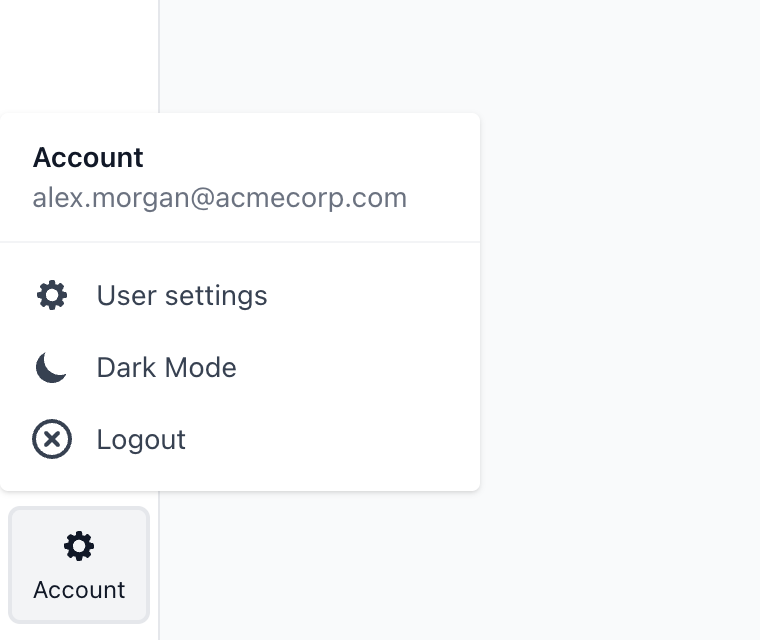 Account menu opened from the bottom-left Account button, showing User settings, Dark Mode, and Logout, with an arrow pointing to User settings