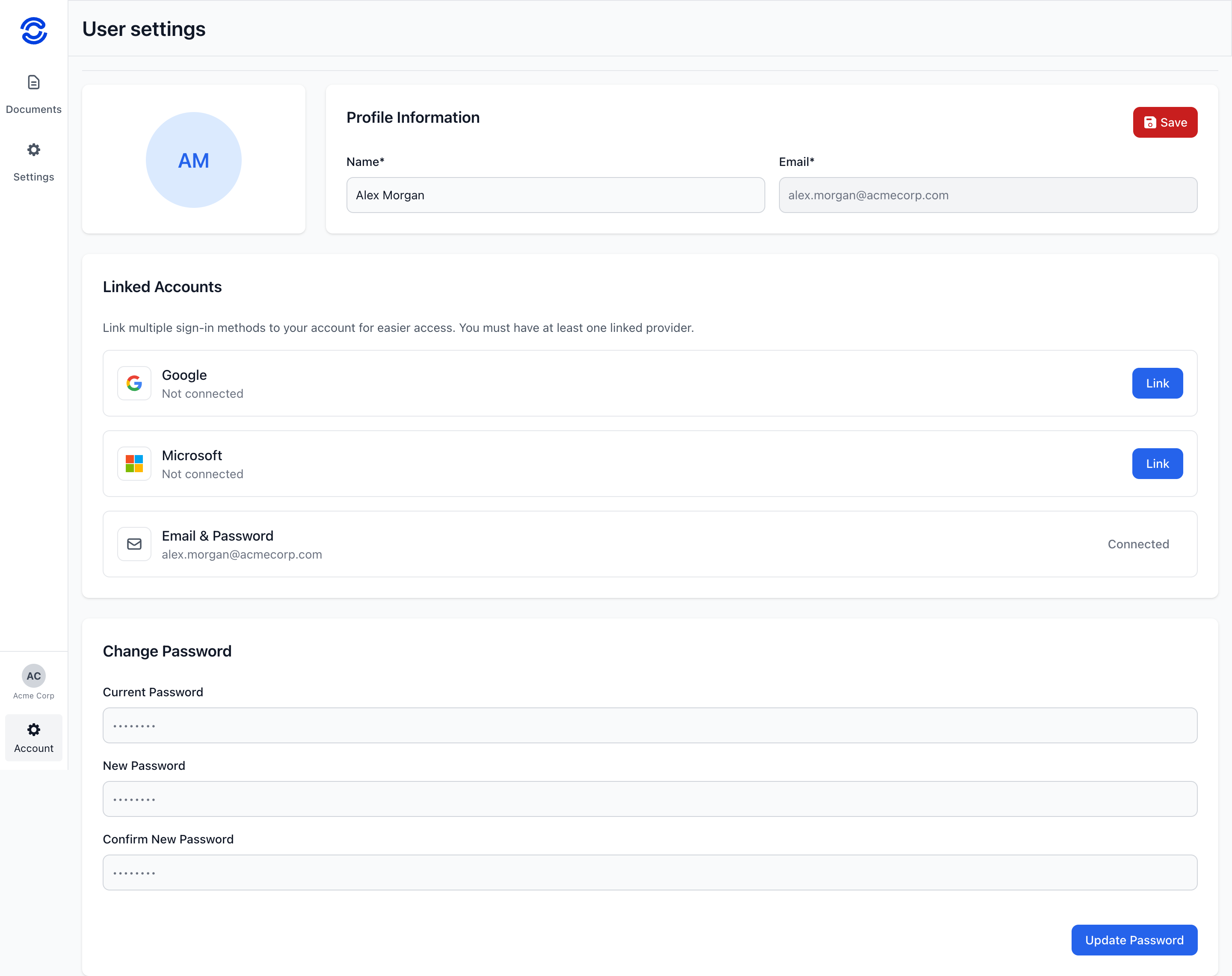 User settings page with three sections: Profile Information at the top with the user's avatar, name, and a disabled email field; Linked Accounts in the middle showing Google, Microsoft, and Email & Password slots; Change Password at the bottom with current, new, and confirm fields