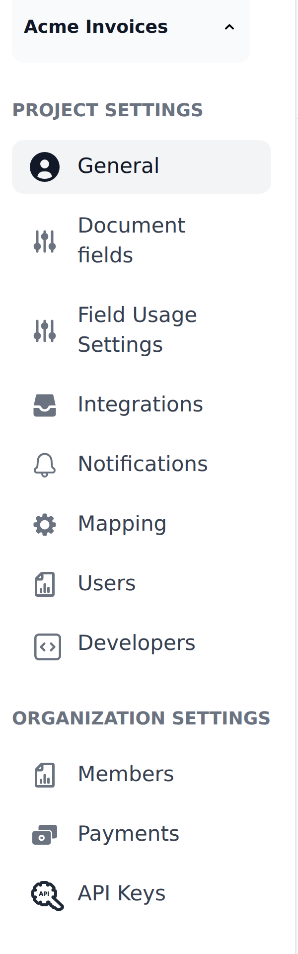 The project settings menu, listing General, Document fields, Field Usage Settings, Integrations, Notifications, Mapping, Users and Developers under Project Settings, with Members, Payments and API Keys under Organization Settings