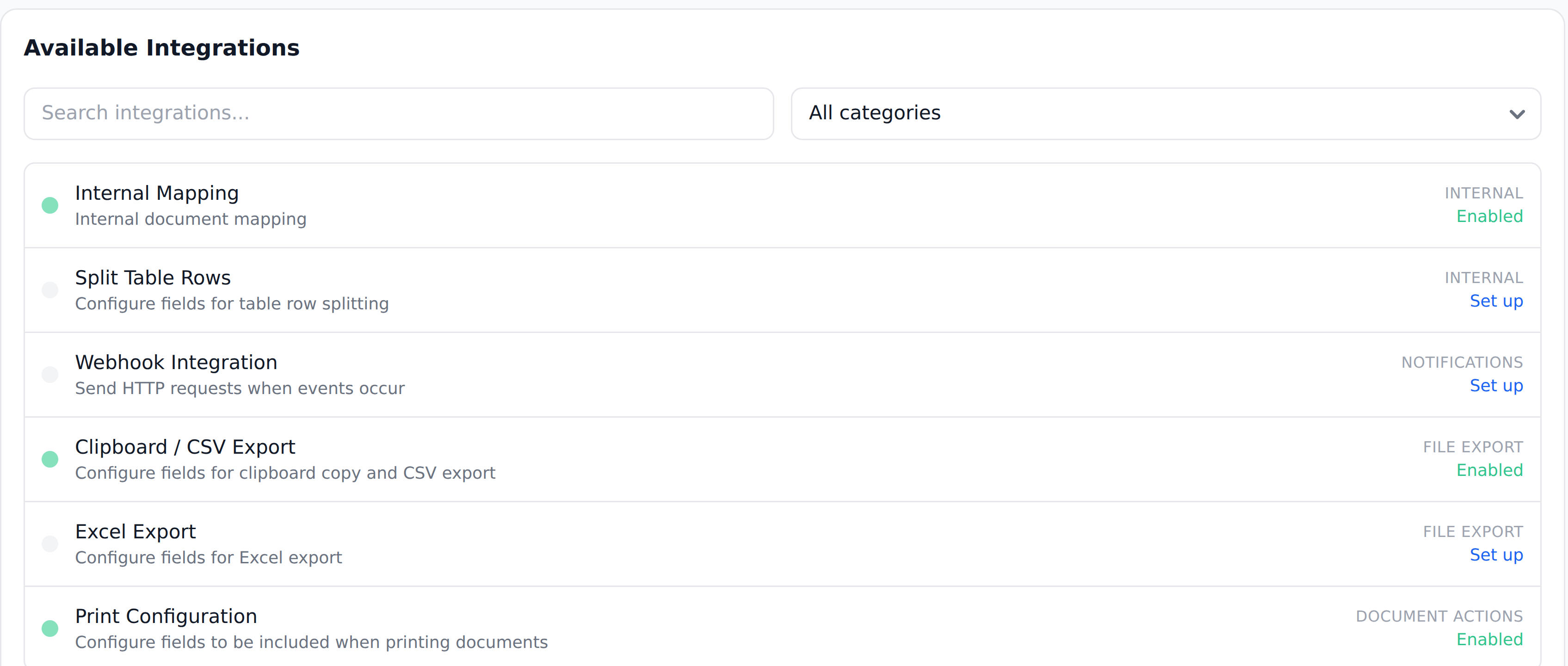 The Integrations page listing Internal Mapping, Split Table Rows, Webhook Integration, Clipboard / CSV Export, Excel Export and Print Configuration, each with an Enabled or Set up state