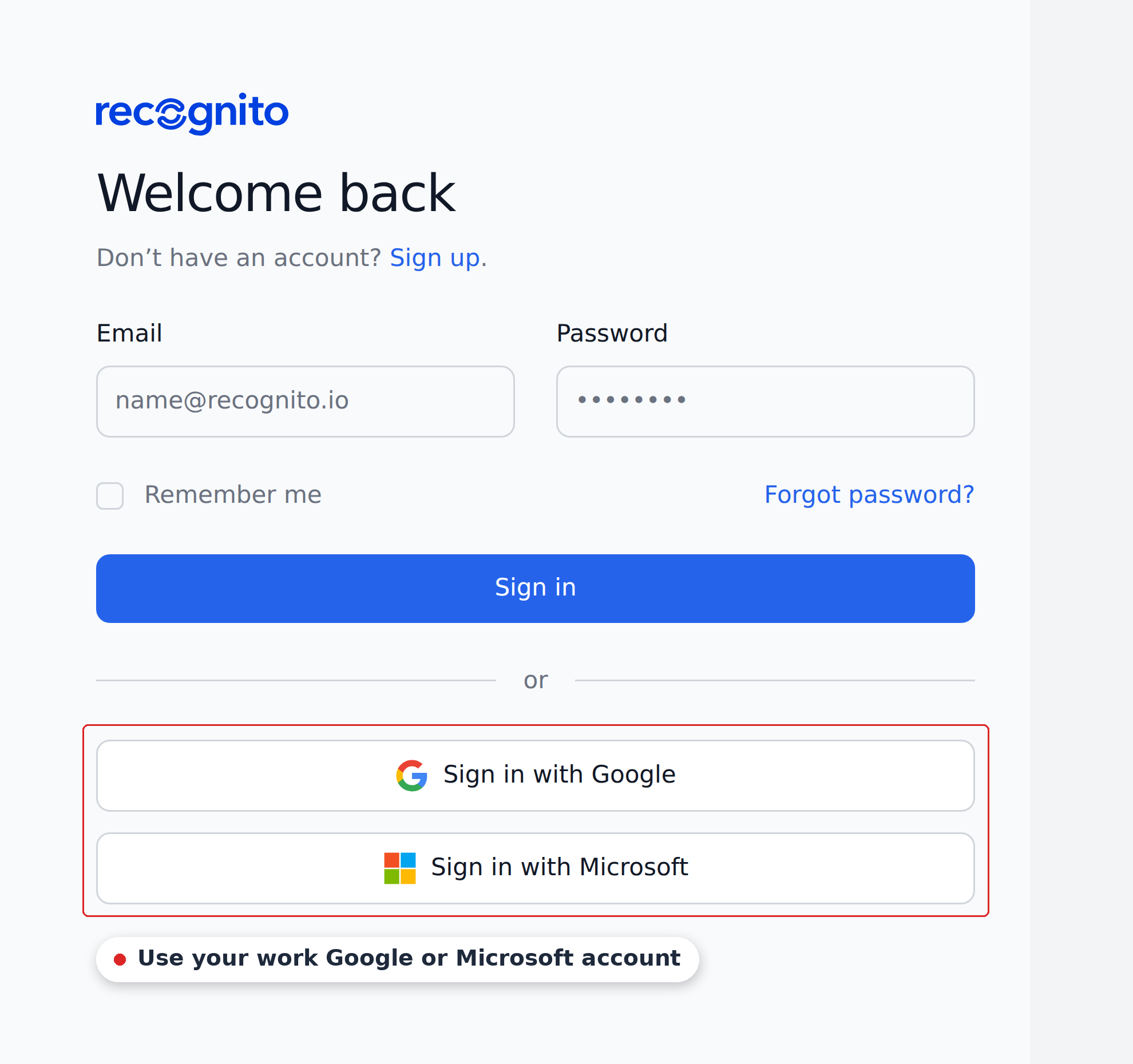 The Recognito sign-in form, with the Sign in with Google and Sign in with Microsoft buttons below it marked with a red box