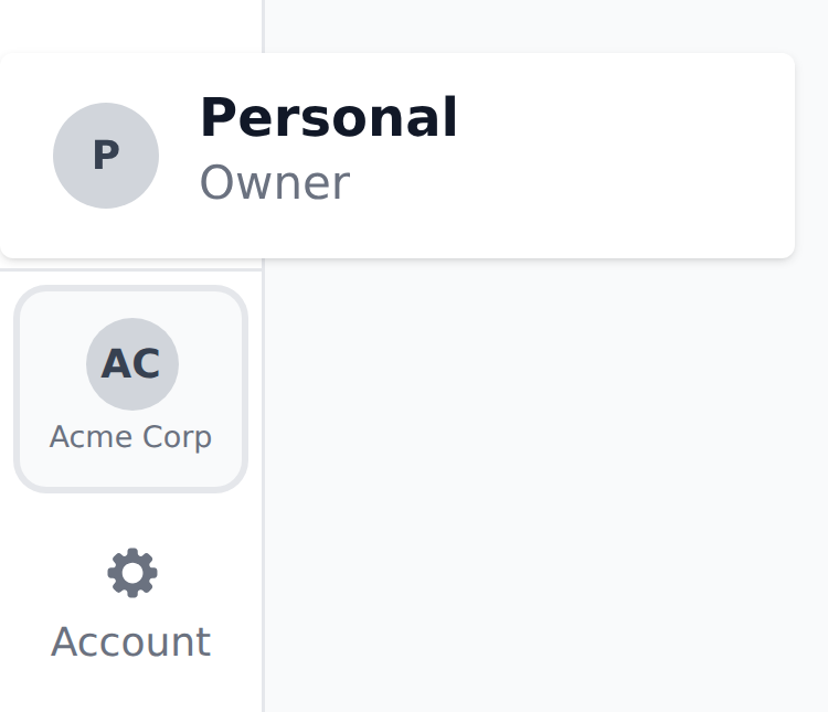The organization switcher opened from the bottom-left pill, showing the other organization this account belongs to — Personal — with the role Owner beneath it