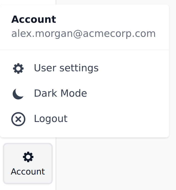 The account menu opened from the bottom-left Account button, showing User settings, Dark Mode, and Logout