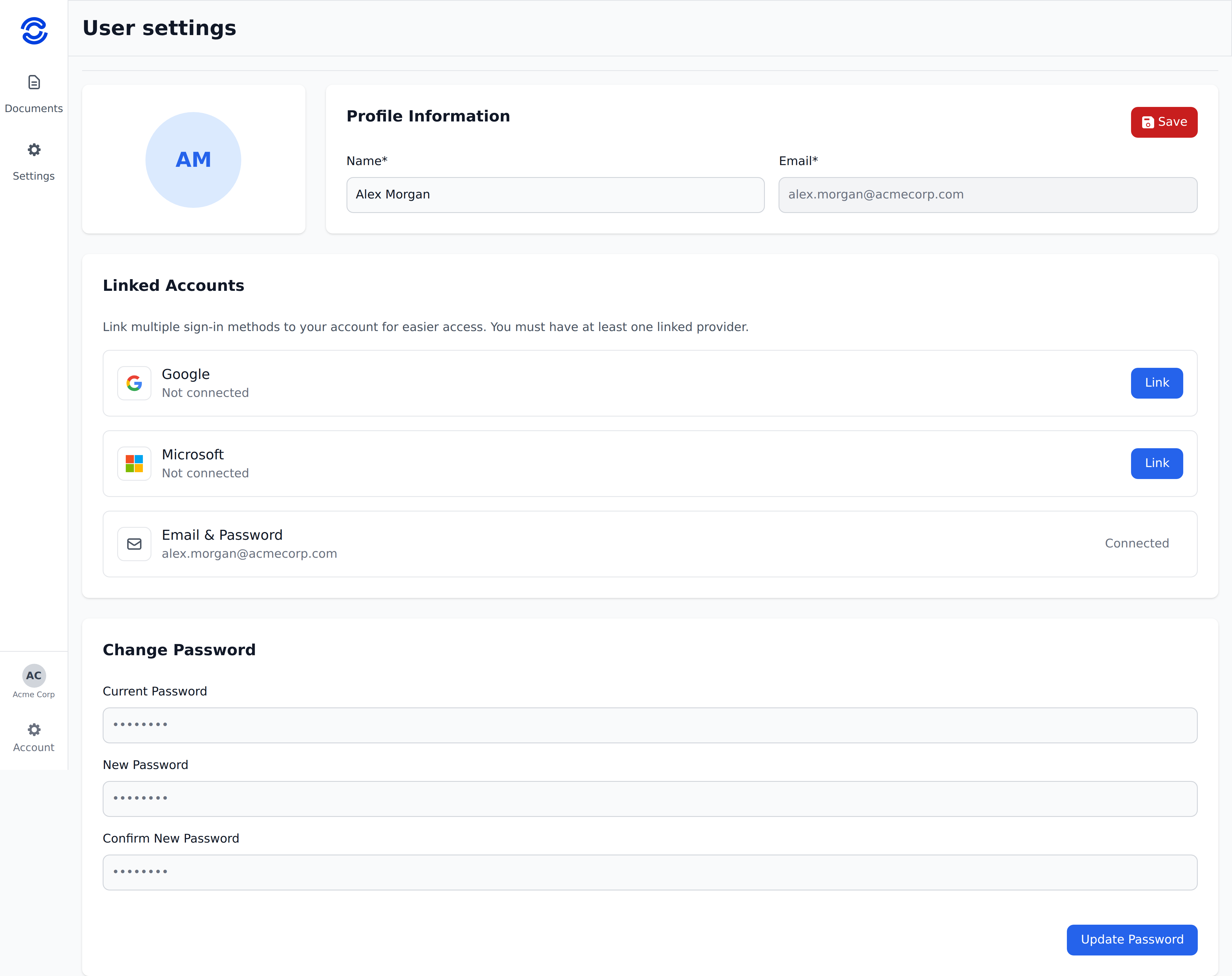 The User settings page, with Profile Information, Linked Accounts, and Change Password sections