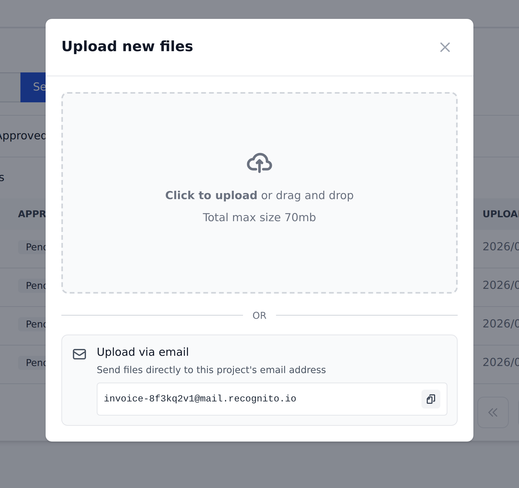 The Upload new files dialog, with a drag-and-drop area, a 70 MB total size limit, and the project's own email address below it