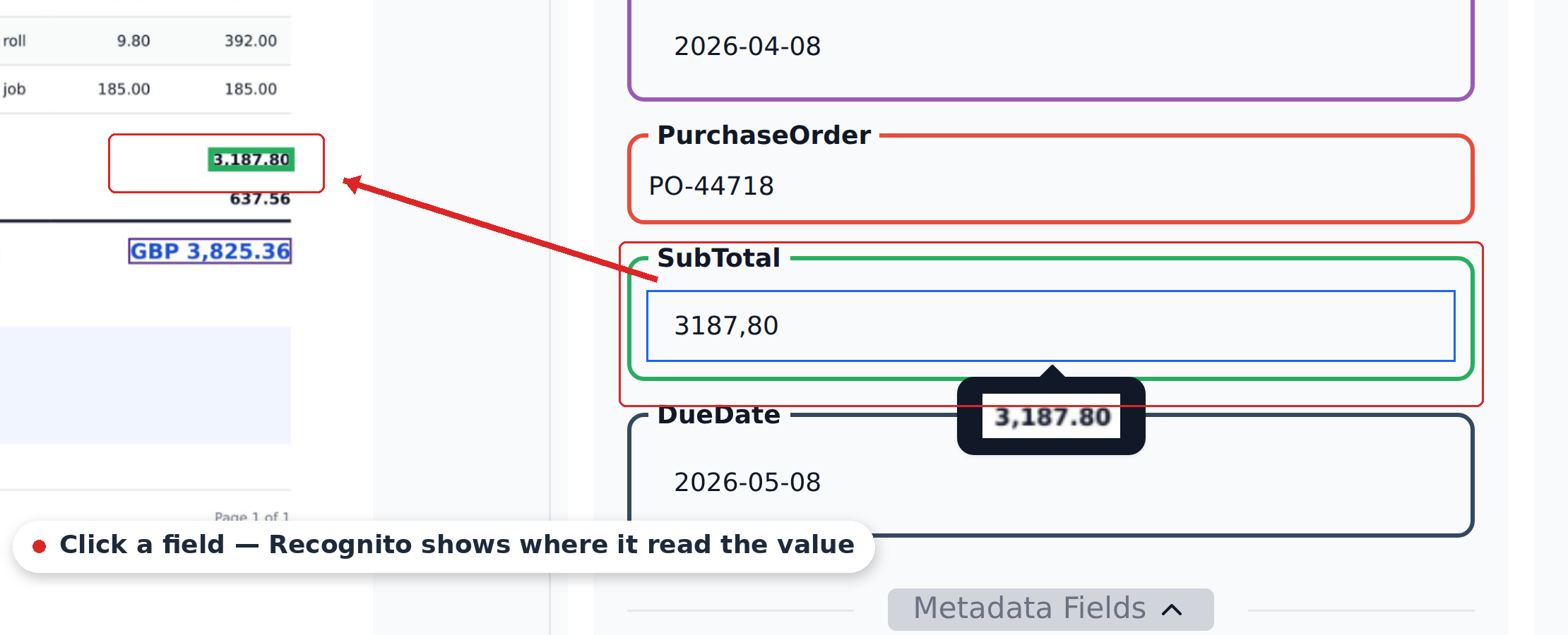 A field selected in the results panel, with an arrow to the matching highlighted region on the invoice image