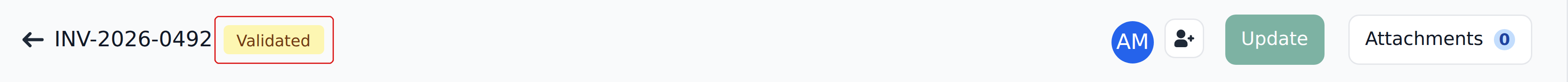 The Studio top bar after validation: the Validated badge is outlined, and only Update and Attachments remain
