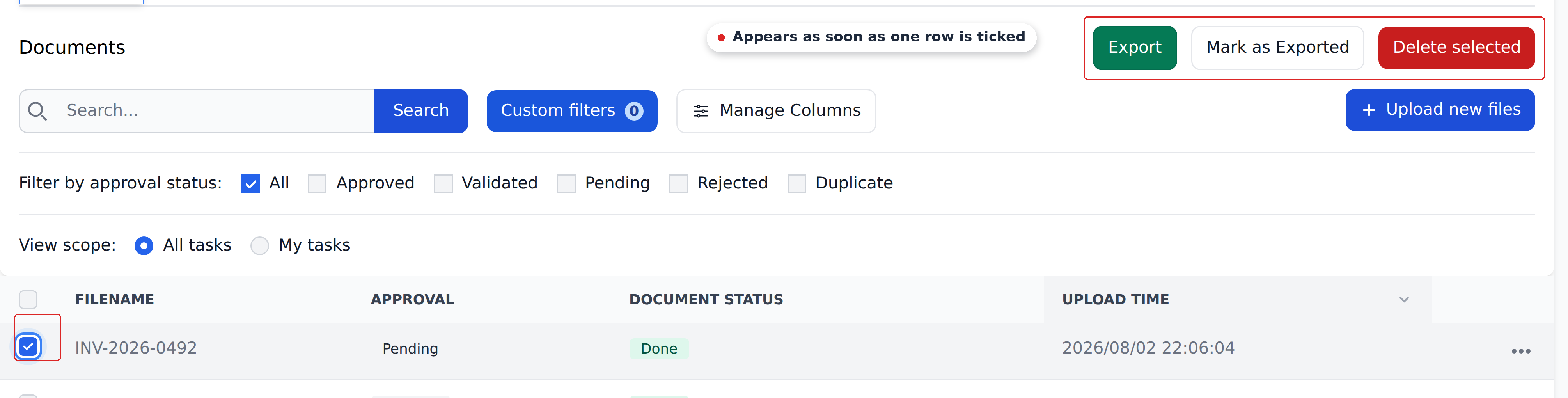 The Documents view with one row ticked and the Export, Mark as Exported and Delete selected buttons visible above the table