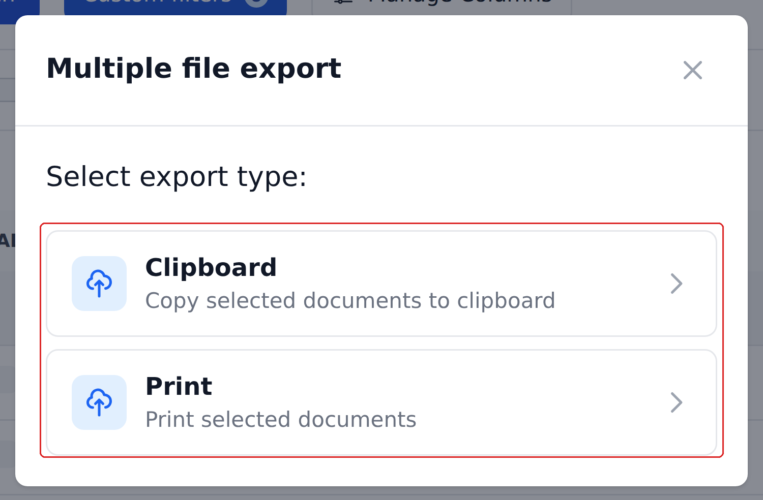 The Multiple file export dialog offering Clipboard and Print