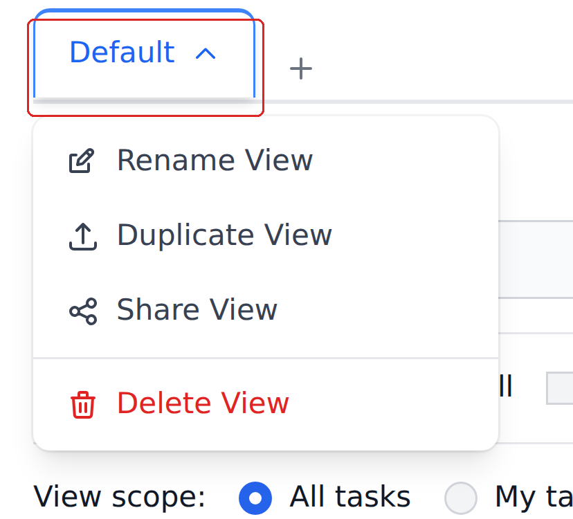 The saved view menu opened from the Default tab, listing Rename View, Duplicate View, Share View and Delete View