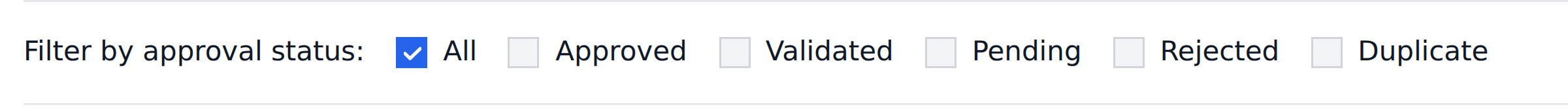 The approval status filter strip with checkboxes for All, Approved, Validated, Pending, Rejected and Duplicate