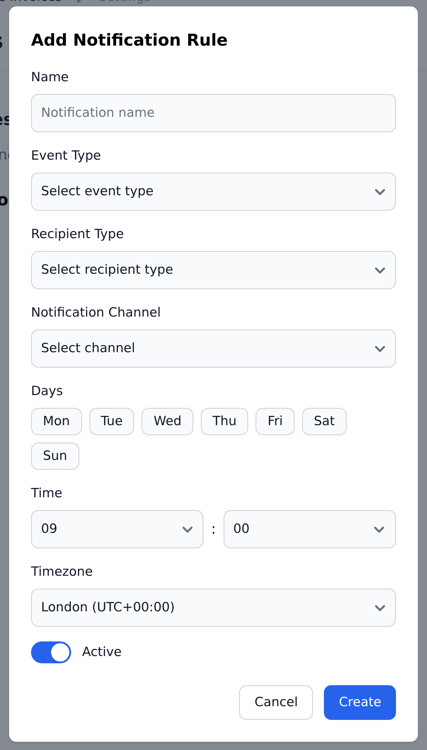 The Add Notification Rule dialog with fields for name, event type, recipient type, notification channel, days of the week, time, timezone, and an Active toggle