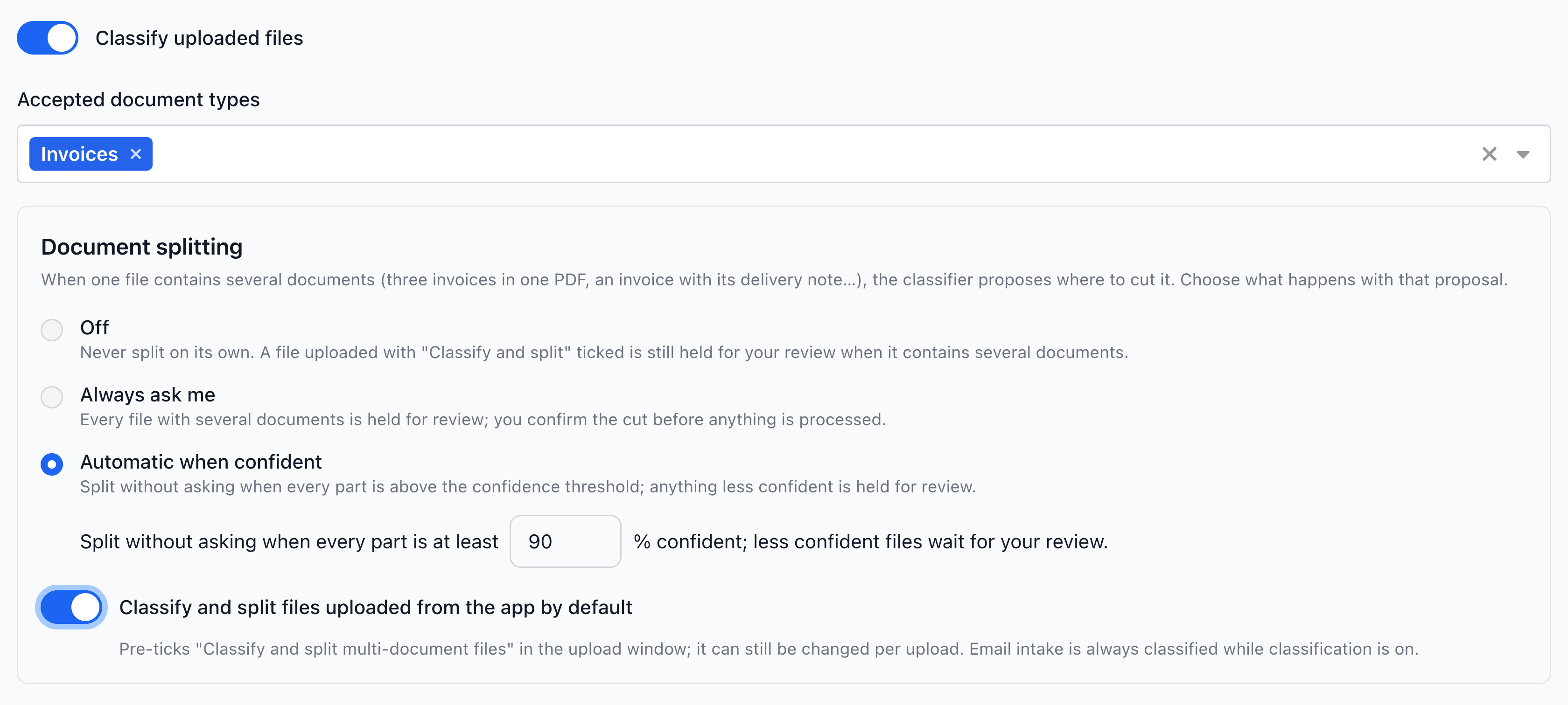 Classification and Document splitting settings, with Automatic when confident selected, a confidence threshold and the app-upload default