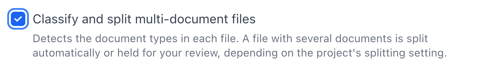 The upload window with Classify and split multi-document files ticked