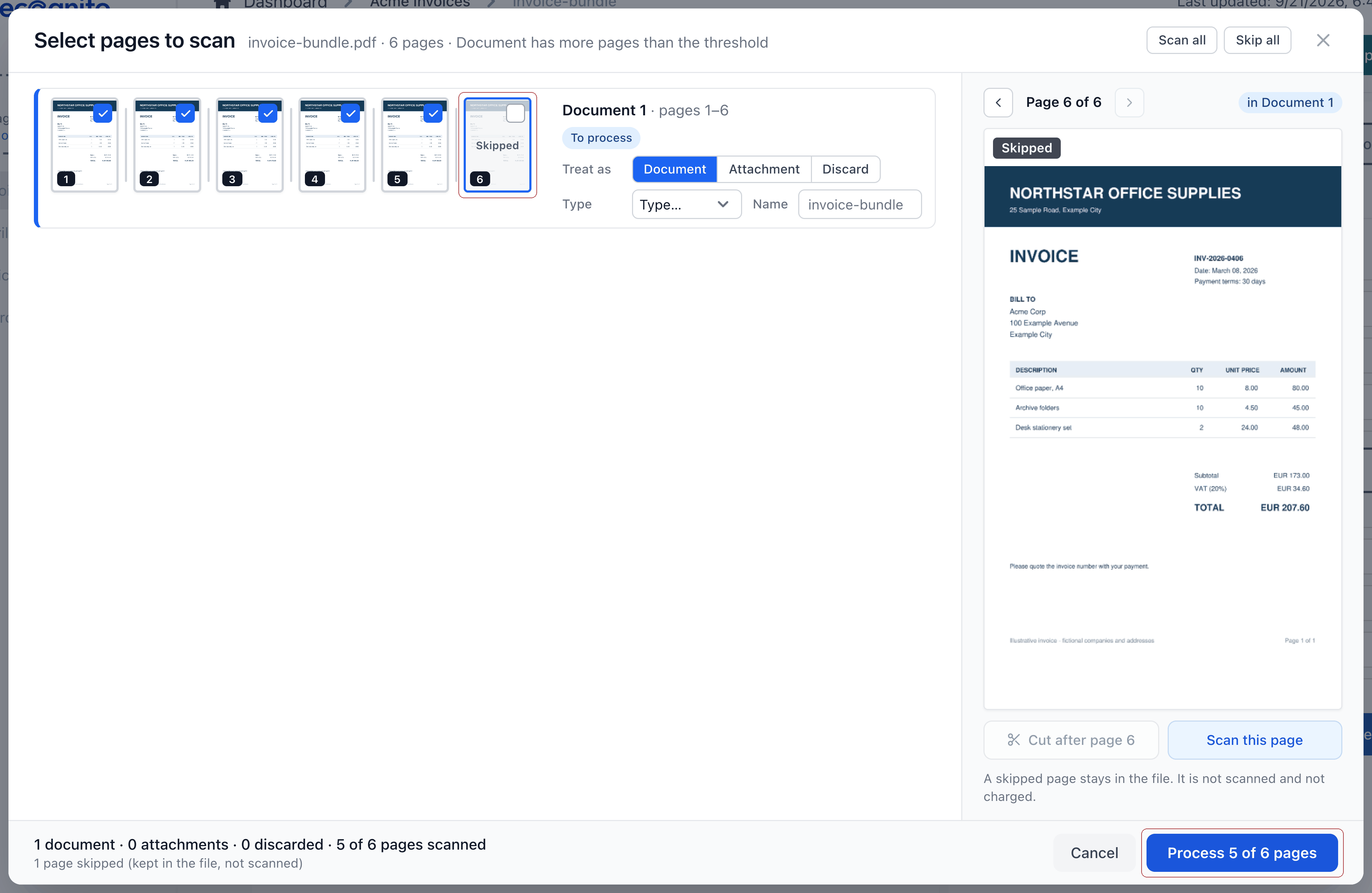 Select pages to scan with one page skipped and Process 5 of 6 pages on the confirmation button
