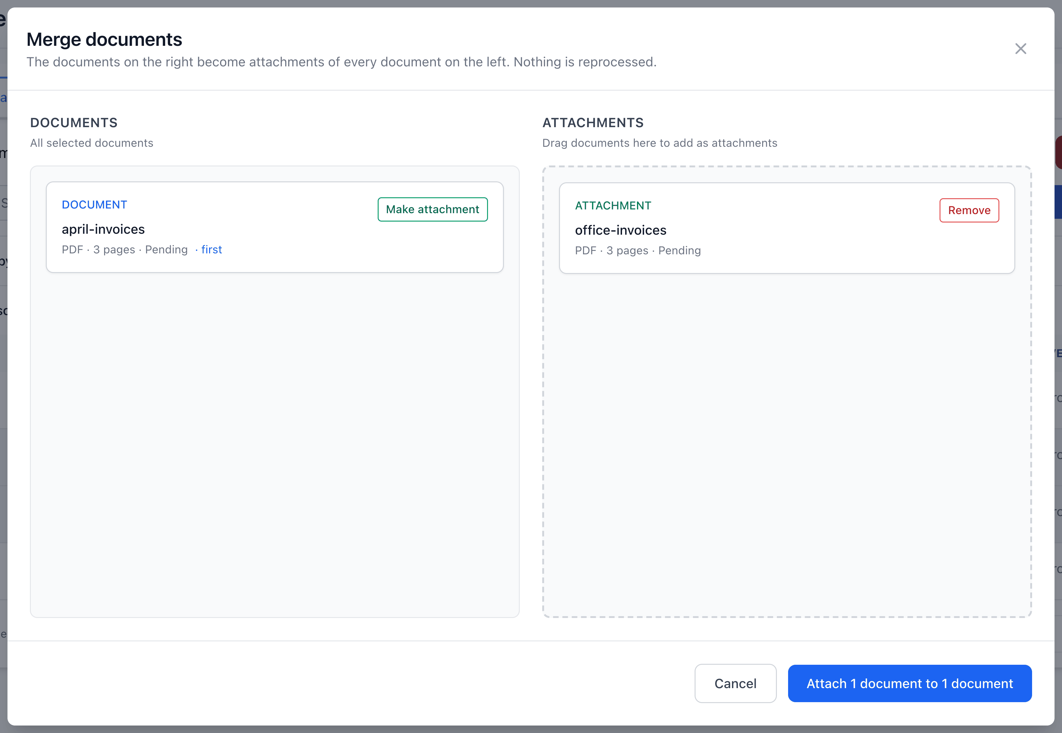Merge documents with receiving documents on the left and a supporting attachment on the right