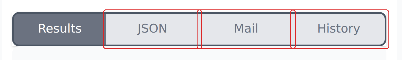 The Results, JSON, Mail and History tabs above the fields panel, with the last three outlined