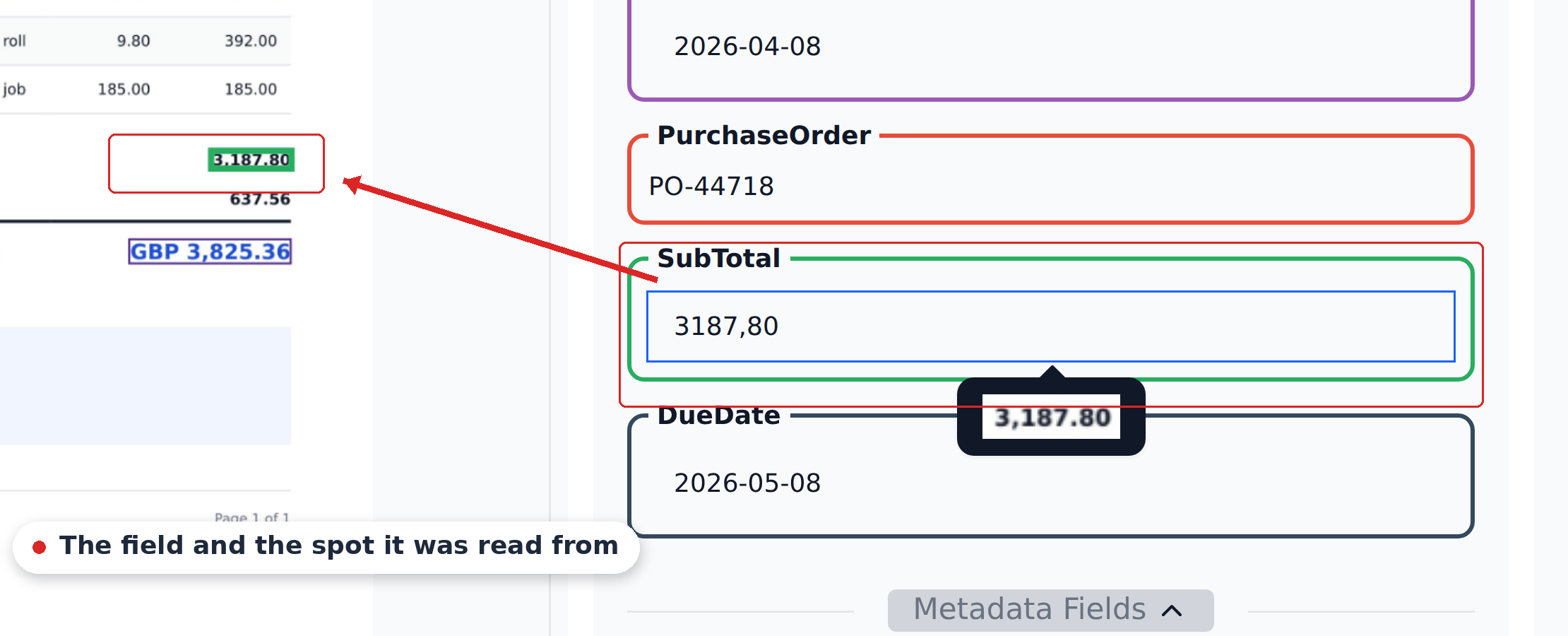 A field selected in the fields panel, with an arrow to the matching highlighted region on the invoice and the raw value shown in a tooltip