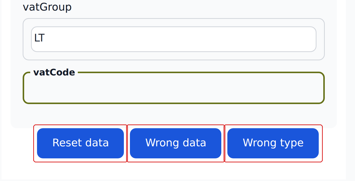 The Reset data, Wrong data and Wrong type buttons at the bottom of a field group, each outlined