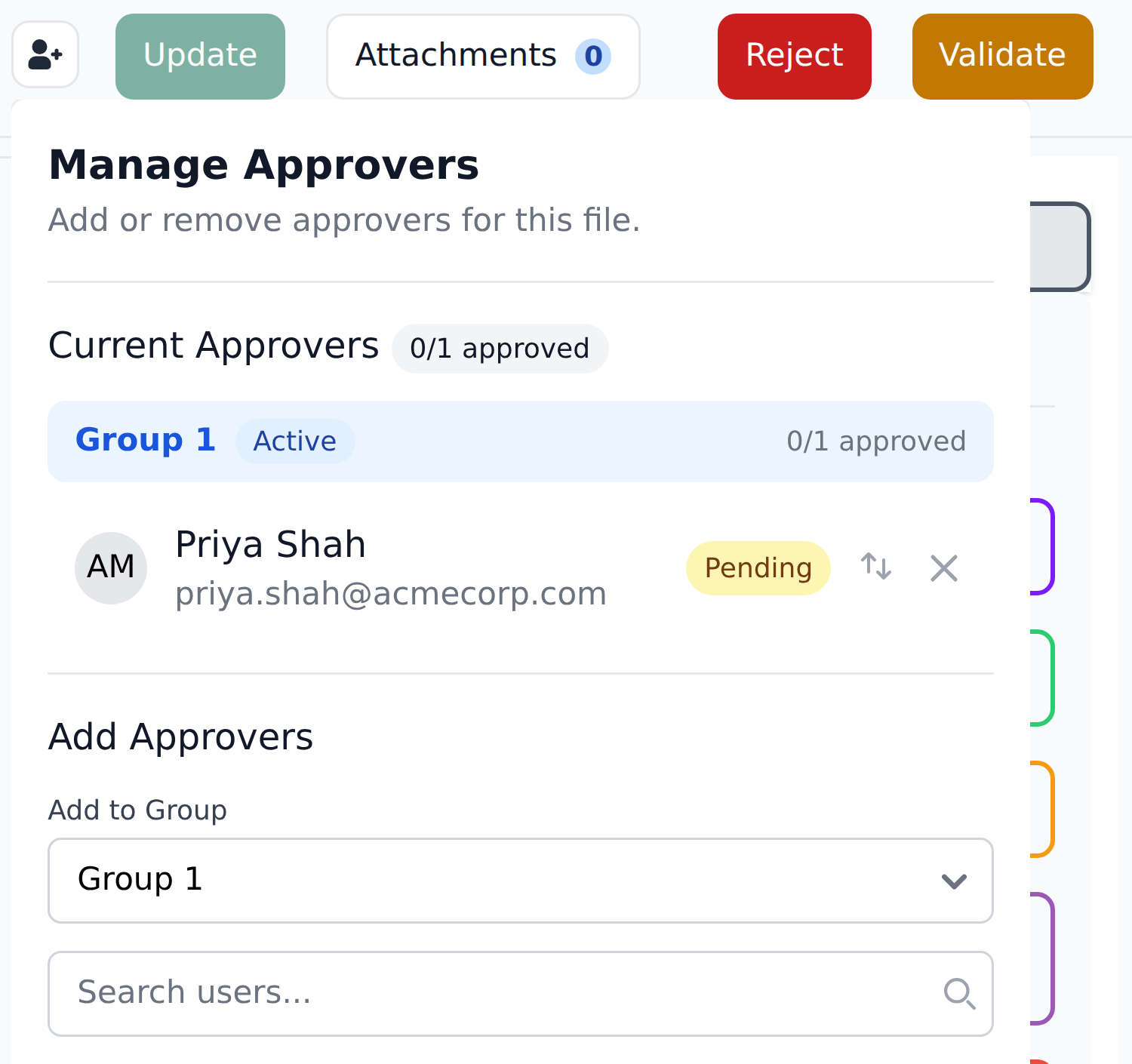 The Manage Approvers panel showing Group 1 marked Active with 0 of 1 approved, one named approver marked Pending, and controls to add approvers to a group