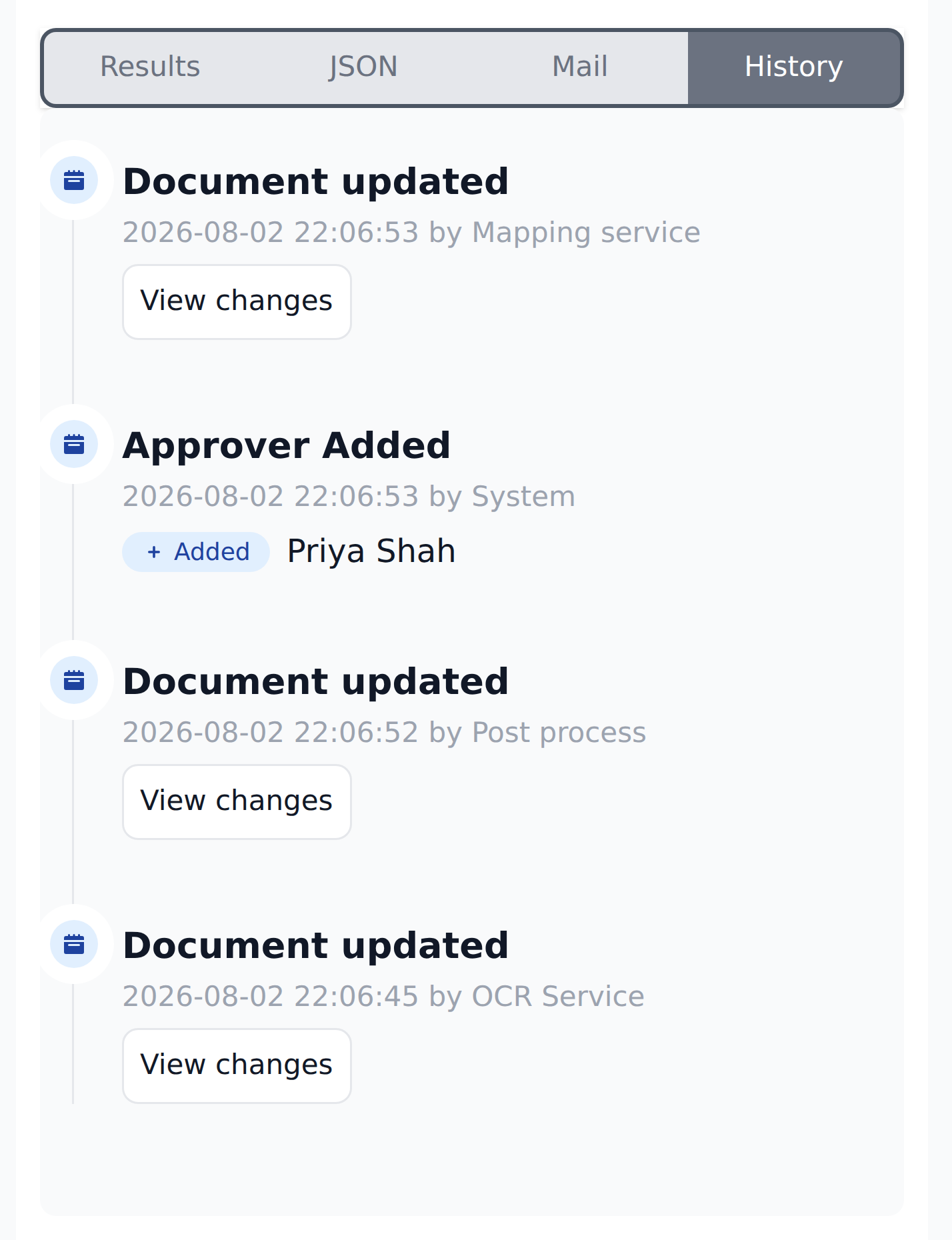 The History tab listing four events with timestamps and actors: Document updated by Mapping service, Approver Added by System, Document updated by Post process, and Document updated by OCR Service, each with a View changes link