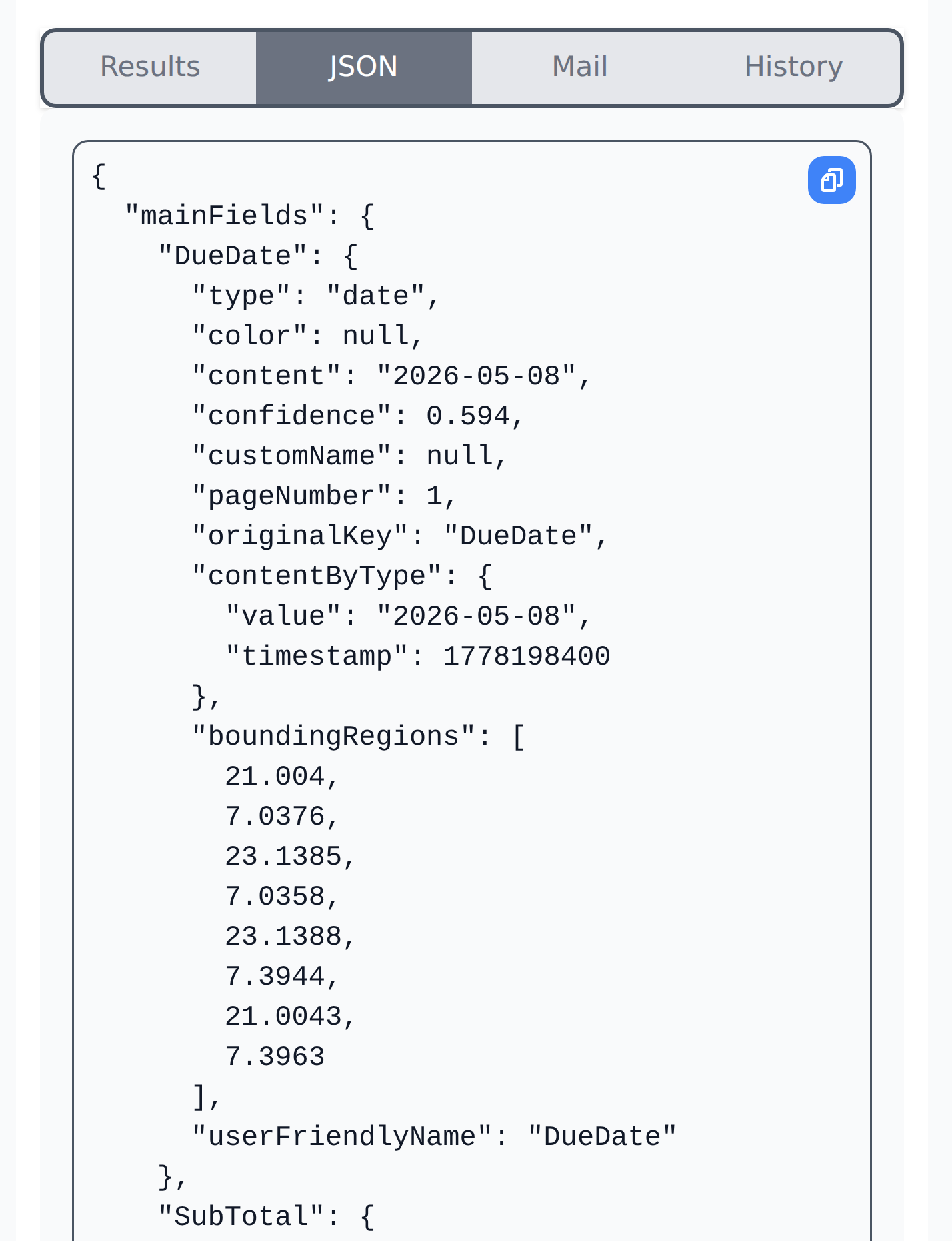 The JSON tab open, showing the DueDate field expanded with its type, content, a confidence score of 0.594, pageNumber and boundingRegions