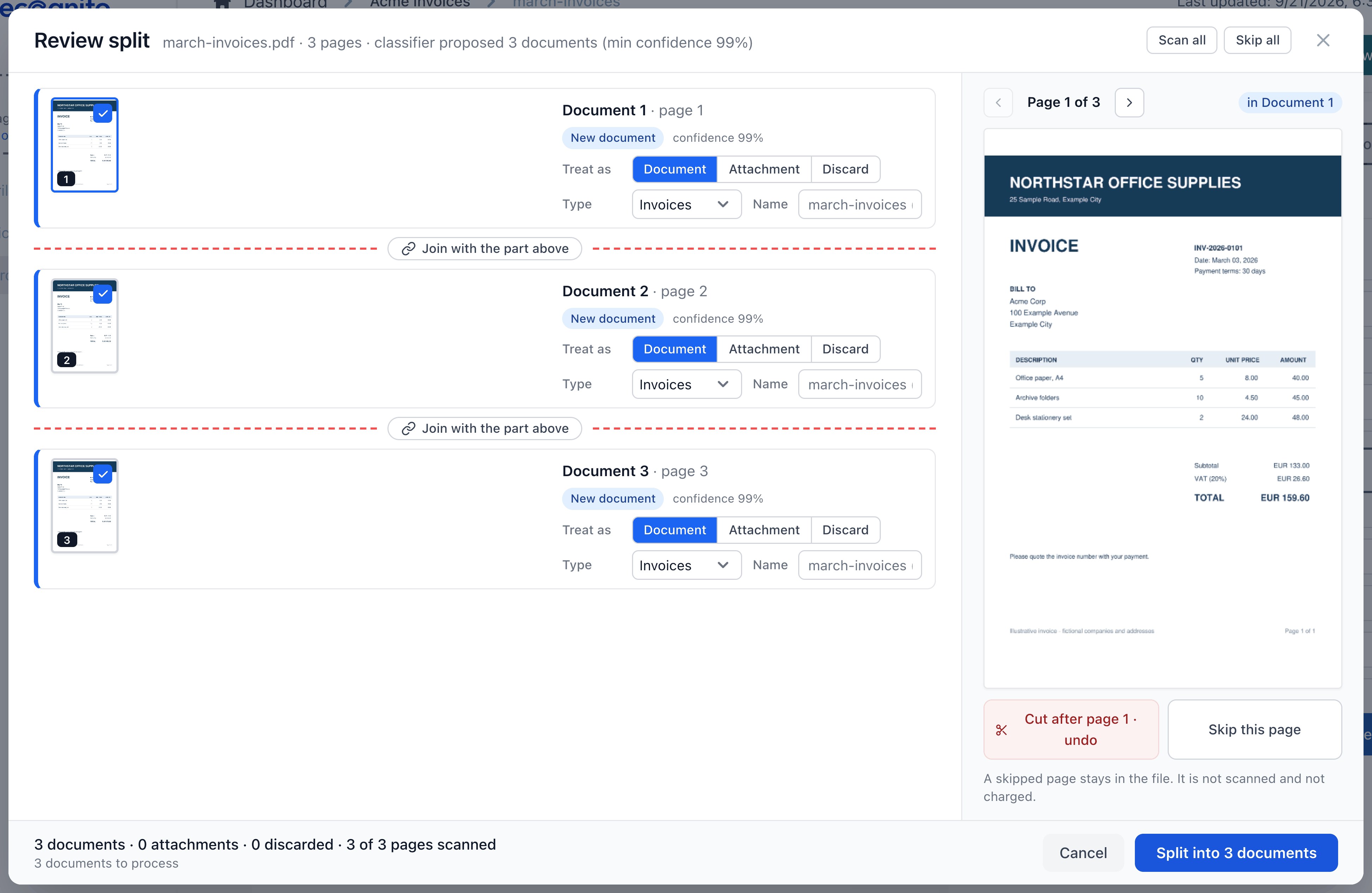 Review split with three proposed invoices and a Split into 3 documents button.